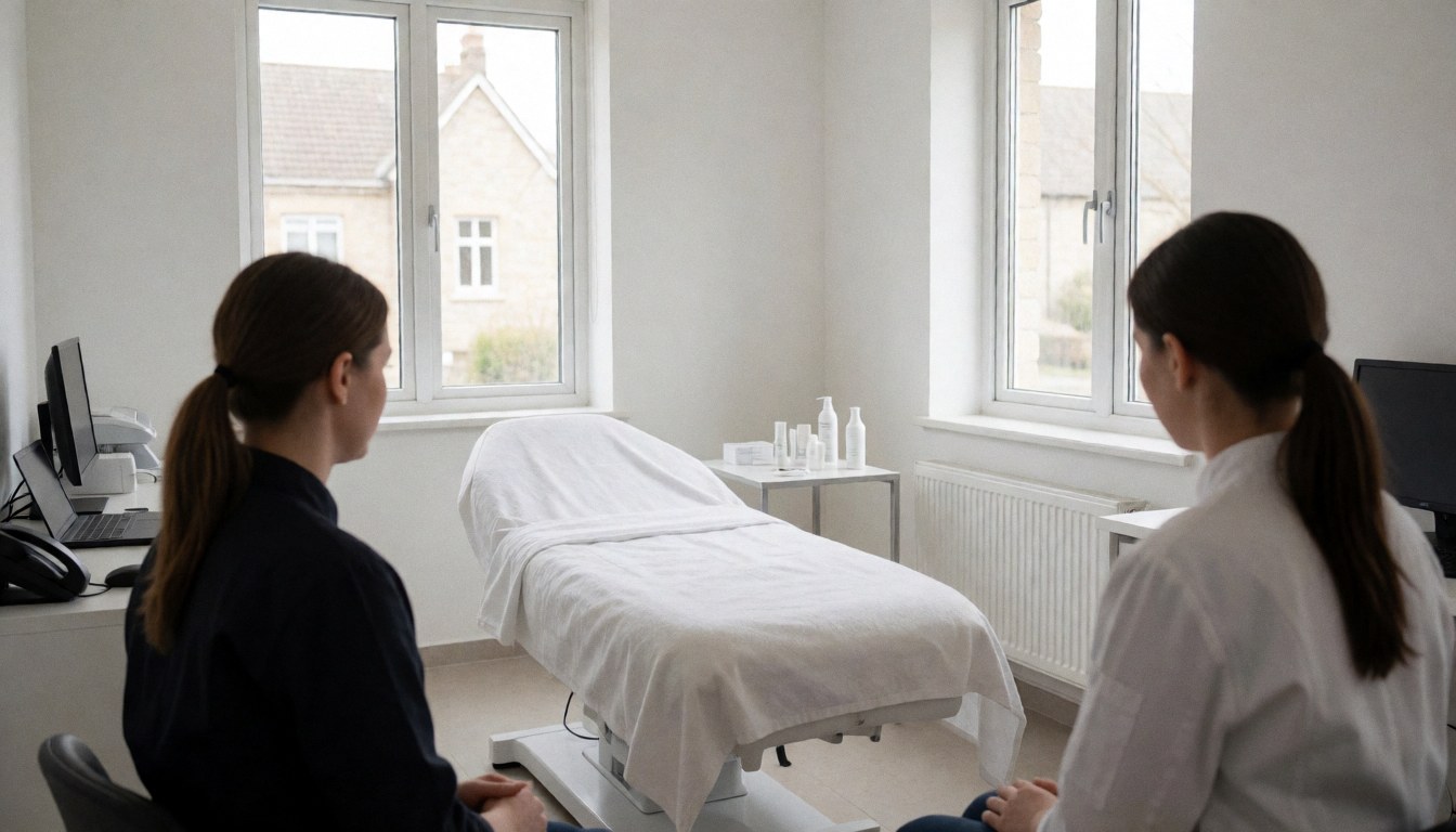 A facial cleansing specialist and client in a bright treatment room with beds and skincare products visible.