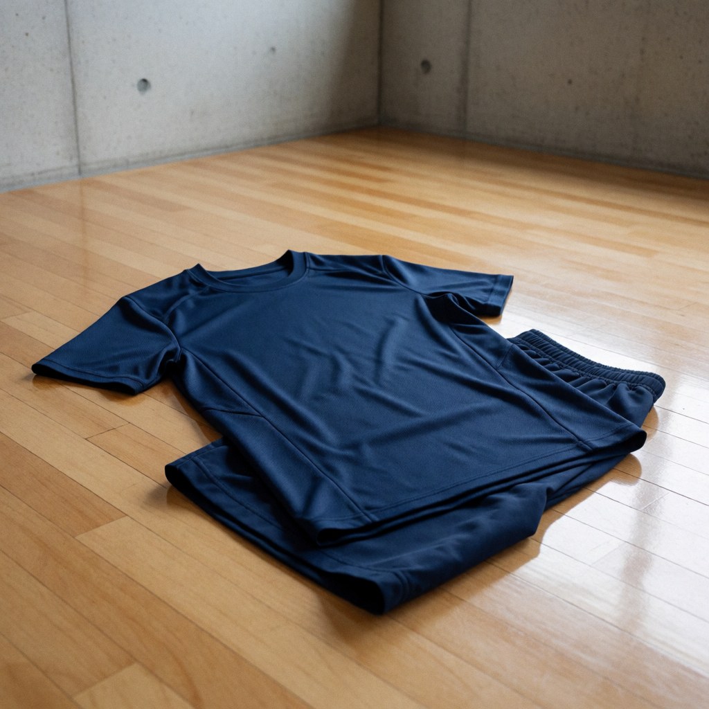 Navy blue volleyball jersey and shorts laid out on a polished wooden gym floor with concrete walls in the background