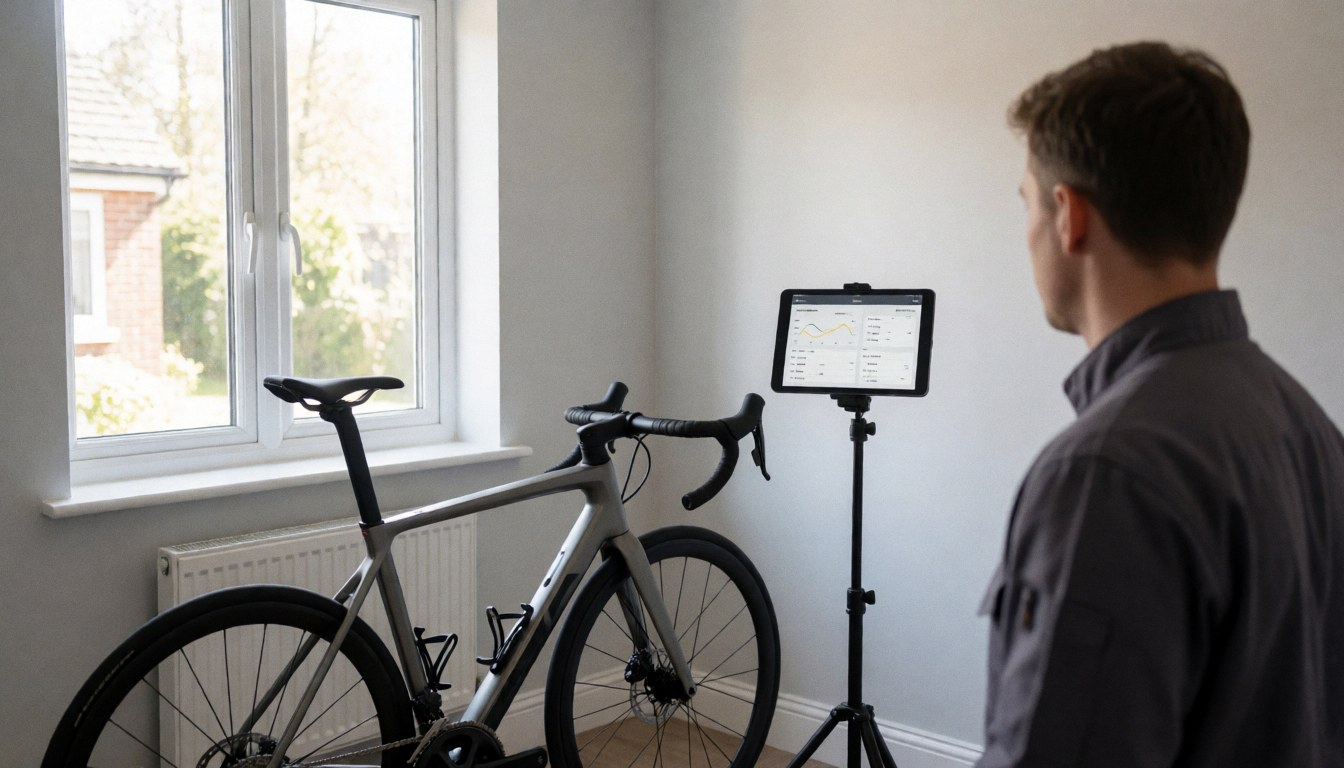 Road bicycle mounted on a smart trainer with a tablet showing training metrics in a naturally lit room