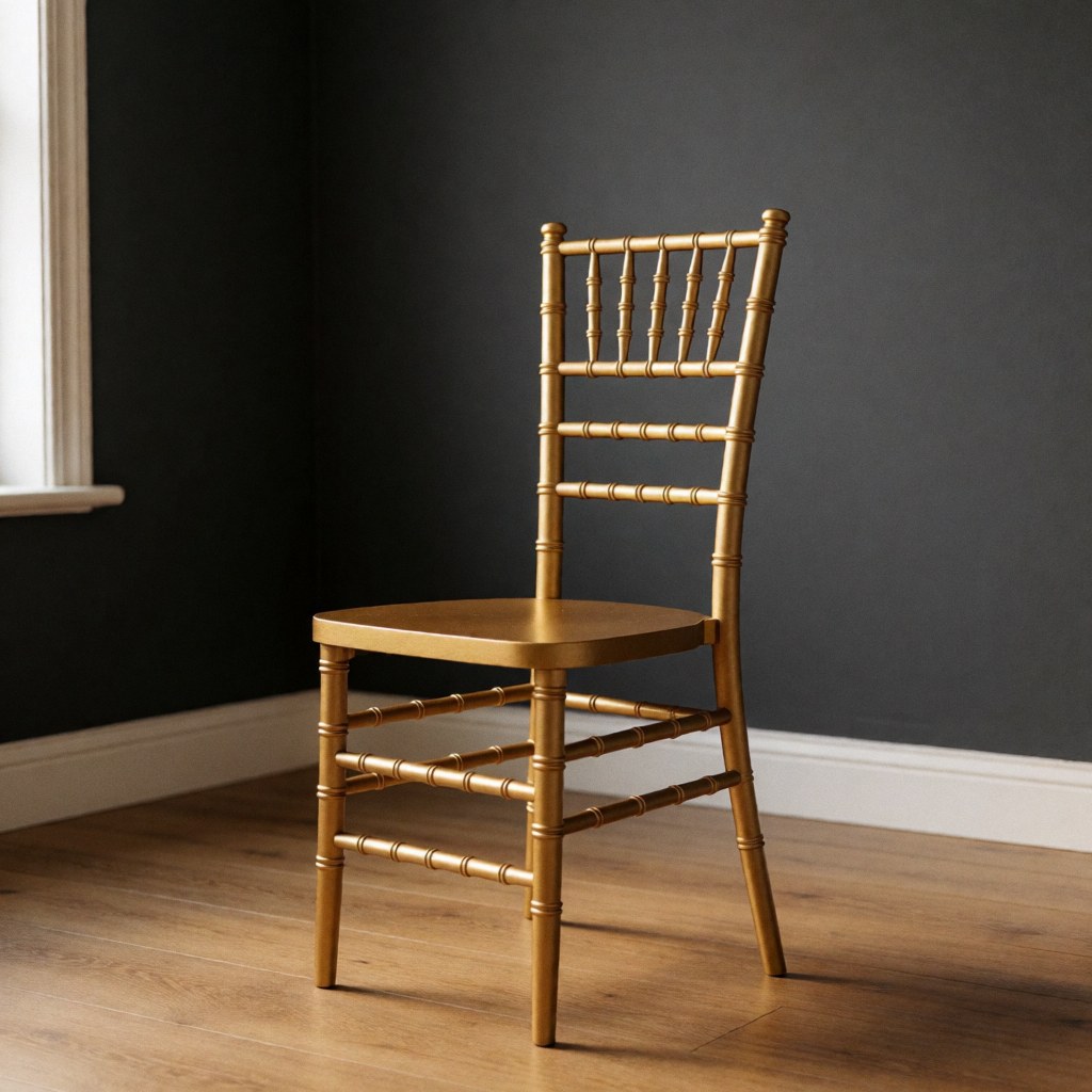 Golden Chiavari chair in a room with gray walls and wooden floor, illuminated by natural light, ideal for banquet events.