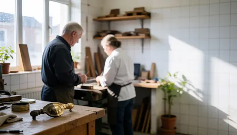 Professionals working in a furniture restoration workshop with tools and wood, white tiled walls, and natural light.