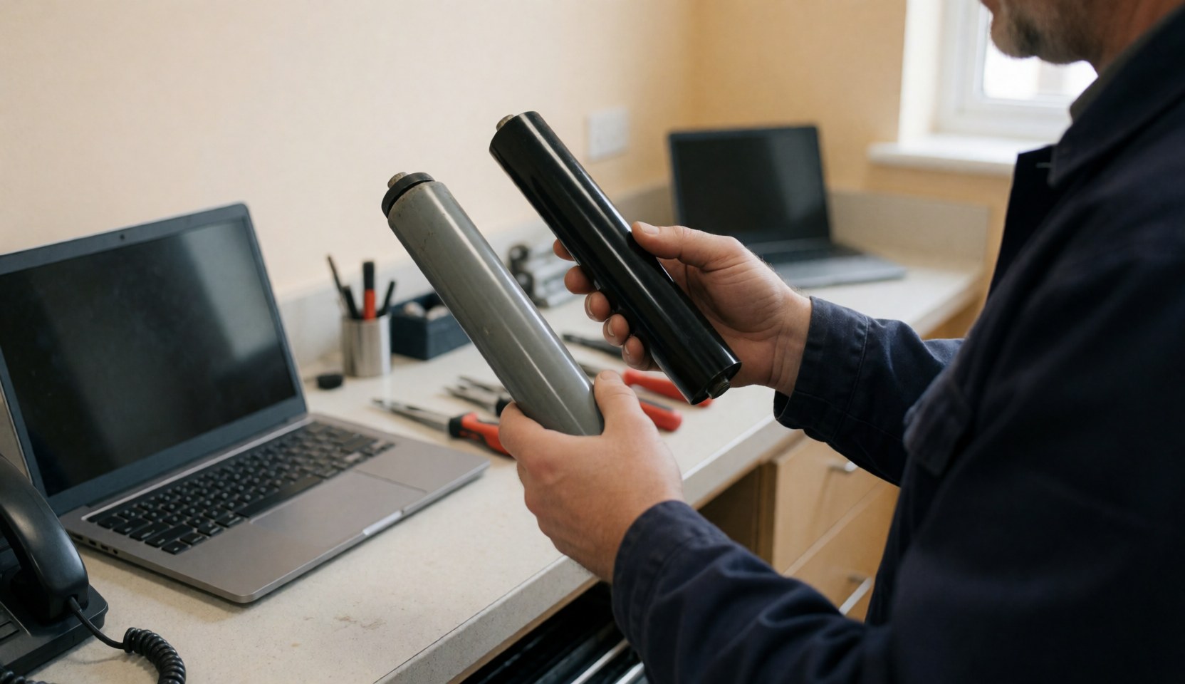 Technician compares new black roller with old gray roller in printer repair shop with tools and laptop on table