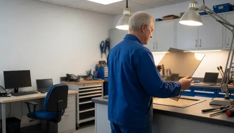 Technician in an oven repair shop inspects a refractory glass component under work lighting with tools and storage cabinets in the background.