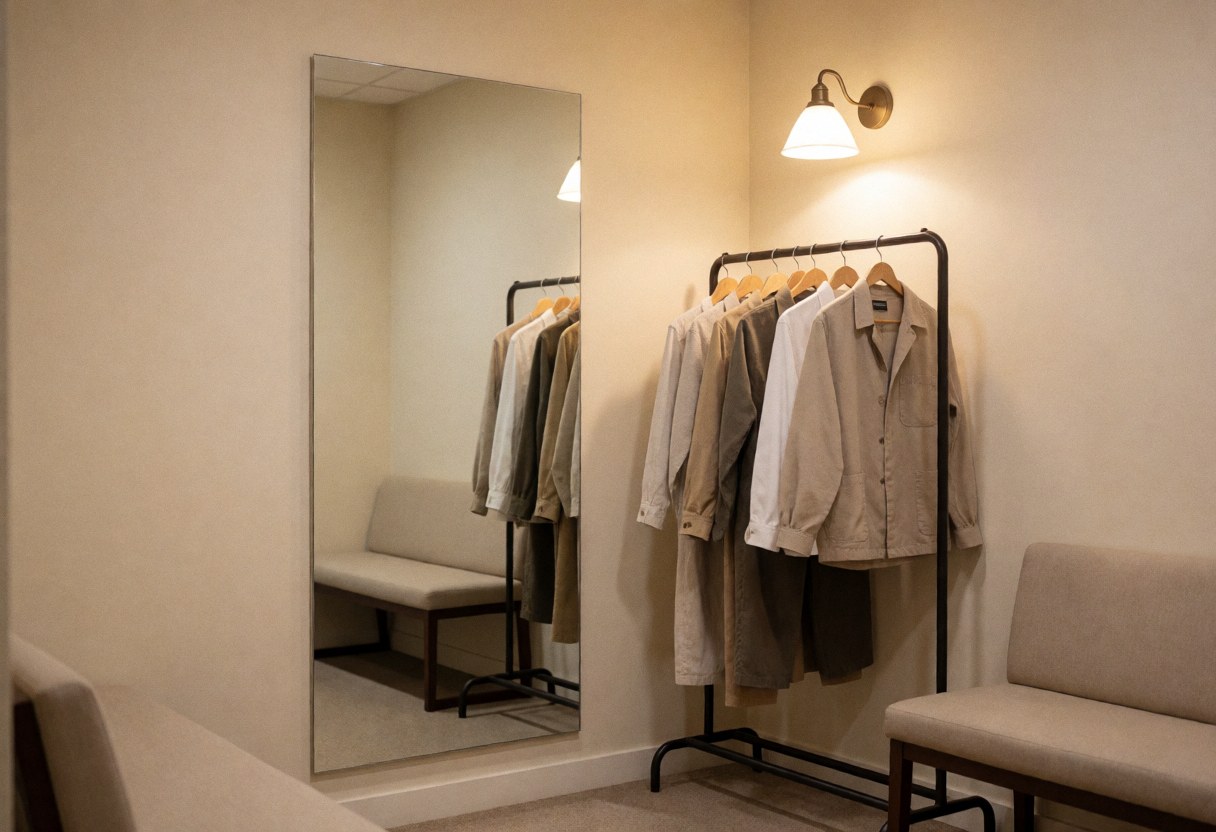 Clean portrait photography studio featuring a large mirror, neutral clothing rack, and waiting bench for client preparation.