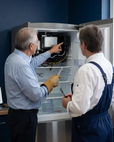 Technician wearing gloves points to a component inside an open refrigerator while another technician observes in a room with blue walls.