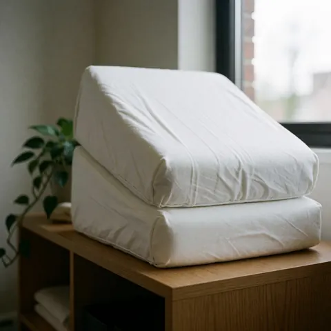 Two white memory foam pillows resting on a wooden shelf next to a green plant in a natural light spa setting