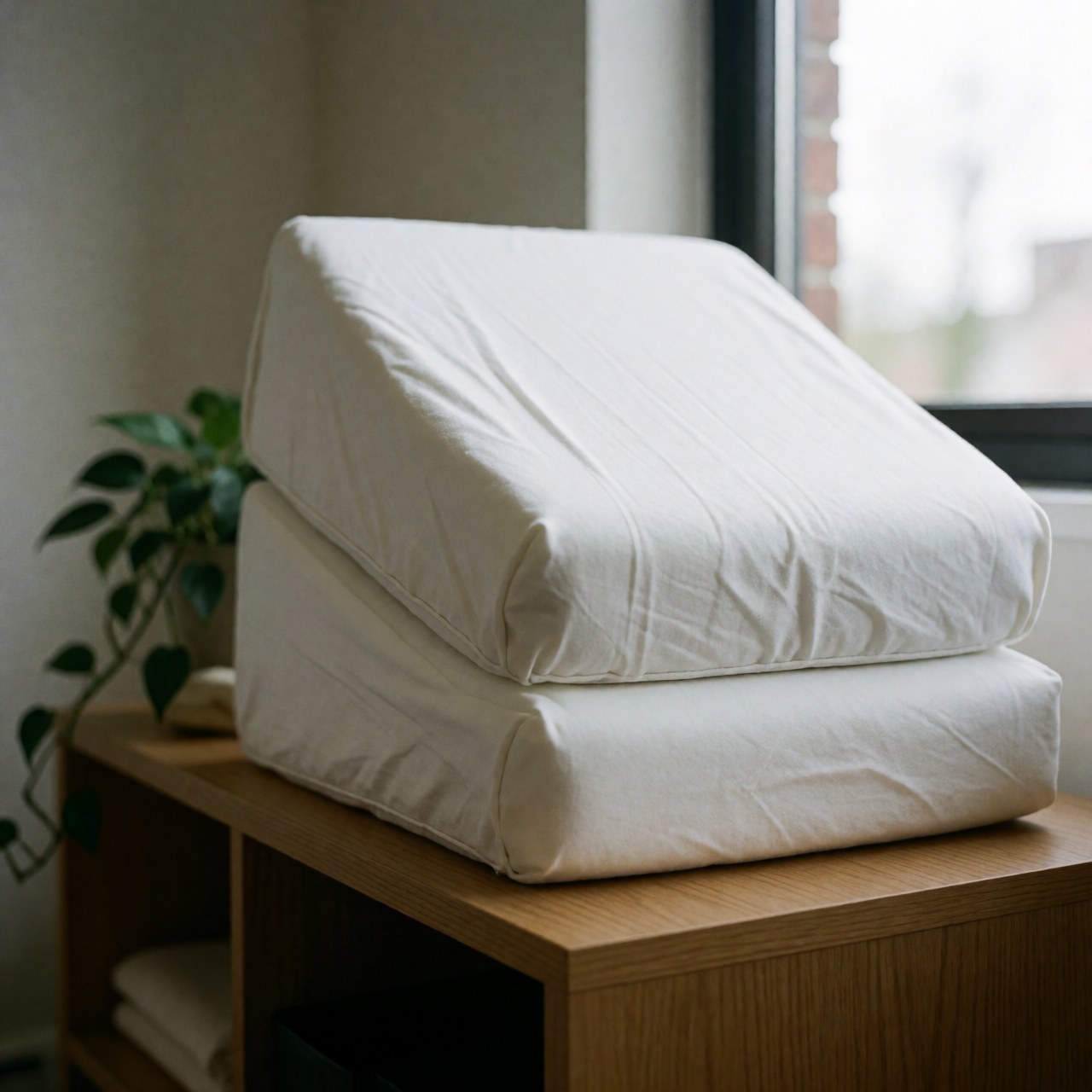Two white memory foam pillows resting on a wooden shelf next to a green plant in a natural light spa setting