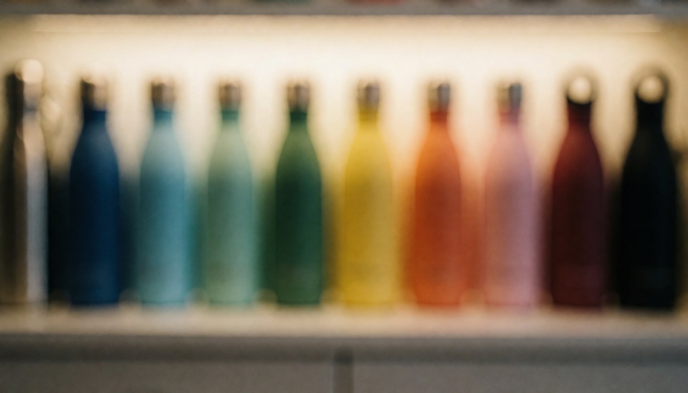 Colorful bottles arranged on a soft shelf with a blurred background, ideal for text overlay in aquarium business contexts.