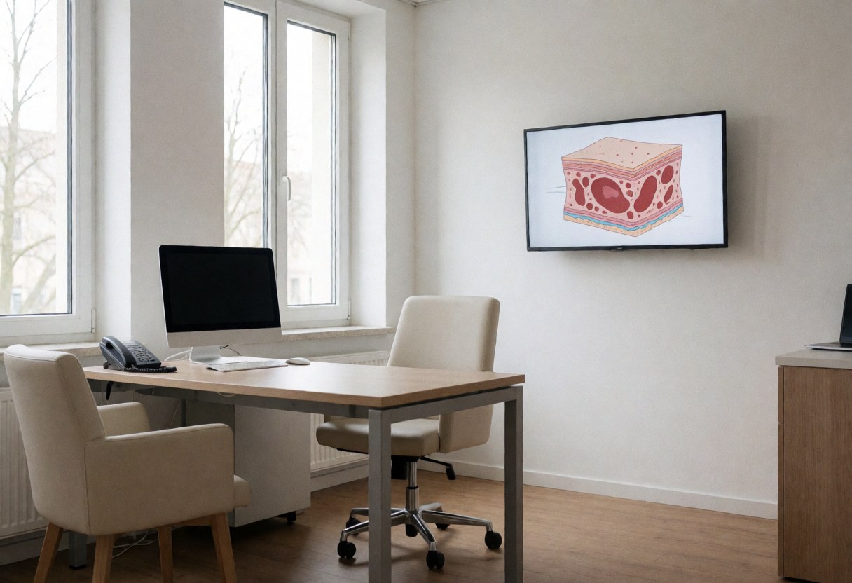 Modern consultation room featuring a wall-mounted skin monitor, seating area, and natural light, suitable for dermatology clinics.