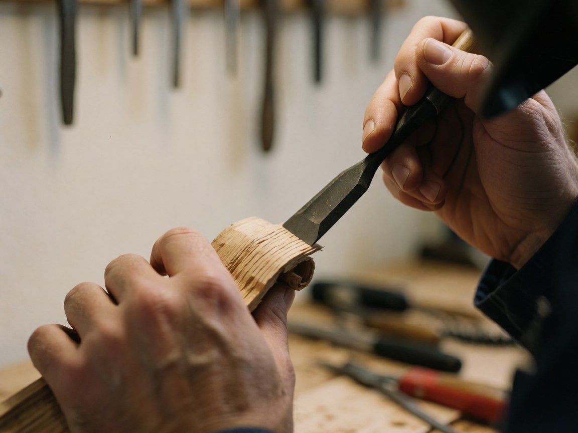 Hands using a chisel on oak wood with tools hanging in the blurred background of a carpentry workshop