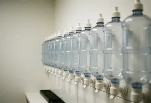 A row of water dispensers with clear plastic bottles in a sports club, white walls and soft lighting.