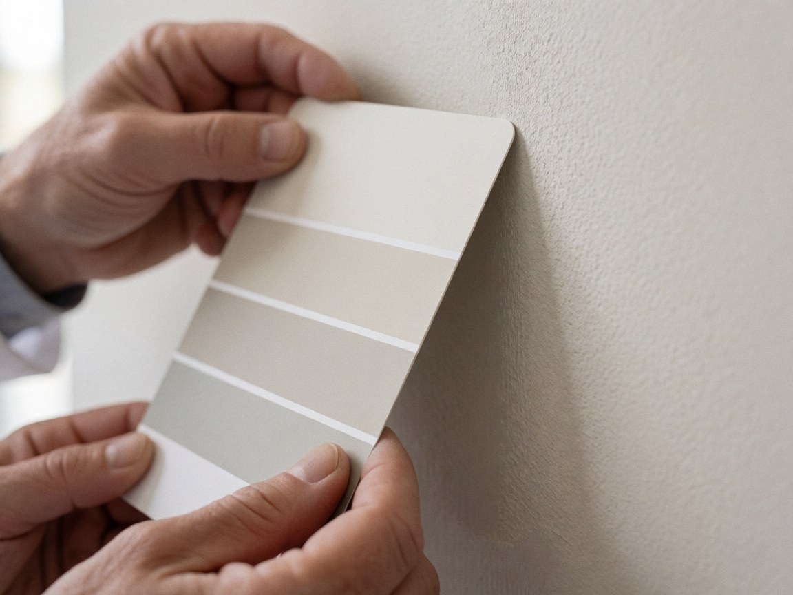 Close-up of a hand holding a paint color chart against a textured interior wall for house painting details