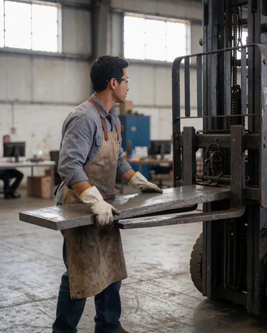 Industrial worker wearing safety gear lifts a steel plate from a forklift in a well-lit workshop with natural light.