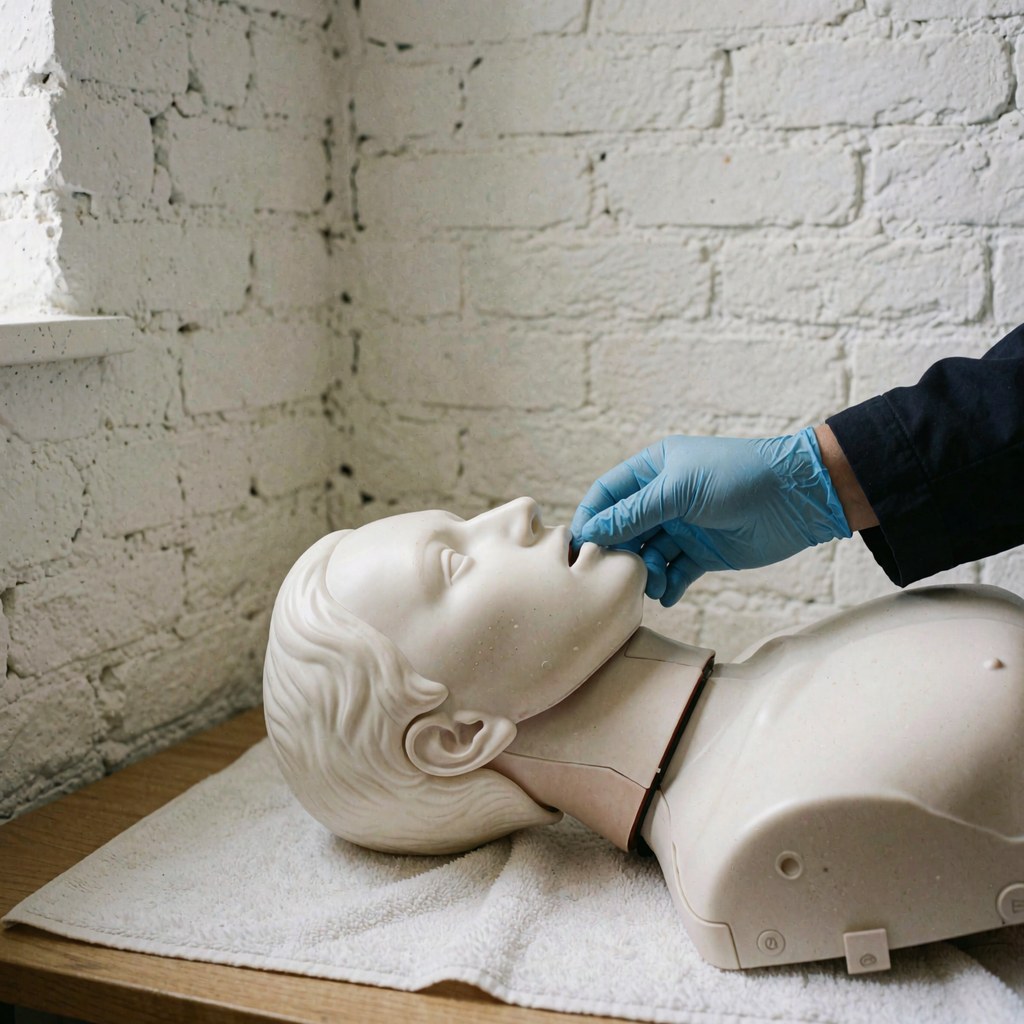 White cpr manikin on white towel with blue gloved hand opening airway against white brick wall for swimming safety training