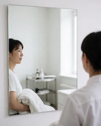 A satisfied client looking at their clear complexion in a large frameless mirror within a clean clinical setting featuring a stainless steel cart.