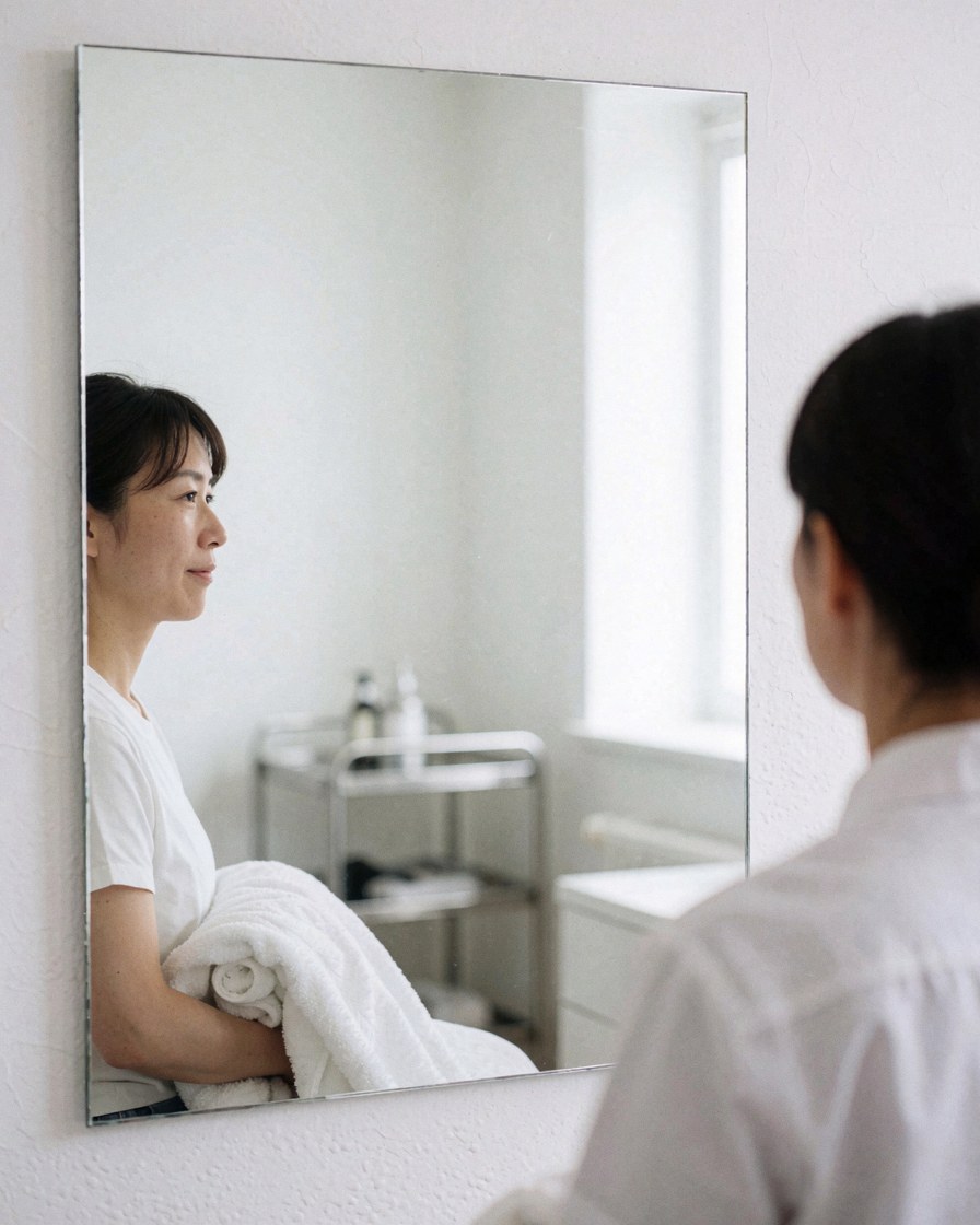 A satisfied client looking at their clear complexion in a large frameless mirror within a clean clinical setting featuring a stainless steel cart.