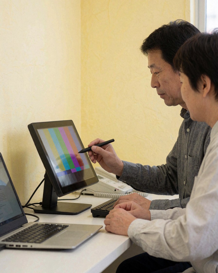 Customer testing a touch screen with a stylus while a technician inspects the area in a TV repair shop.