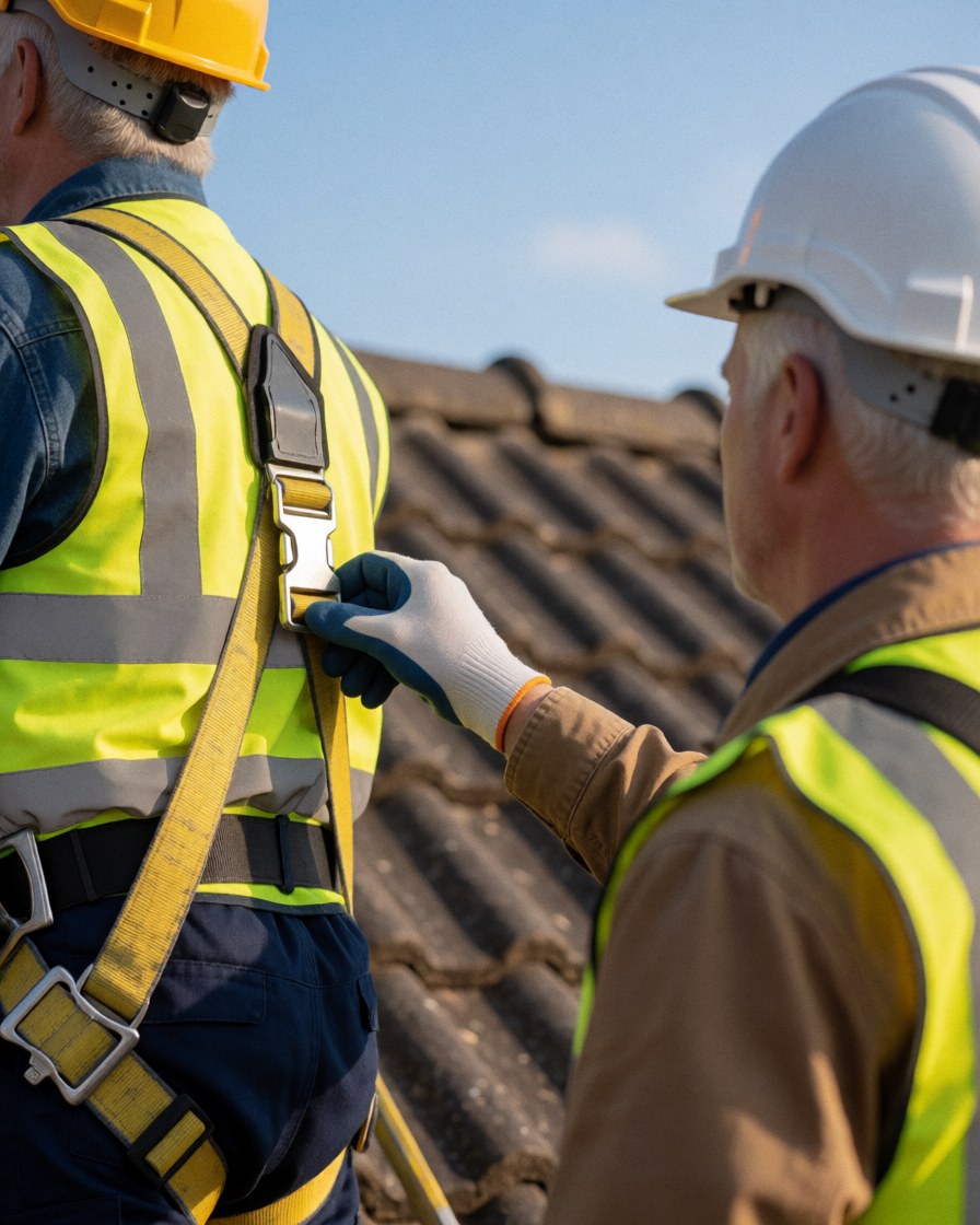 Worker wearing hard hat and reflective vest adjusting safety belt on a sunny roof