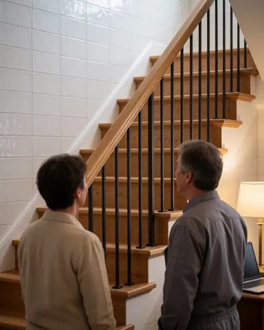 Satisfied customer and installer review a new wooden staircase with metal railing in a bright tiled interior.