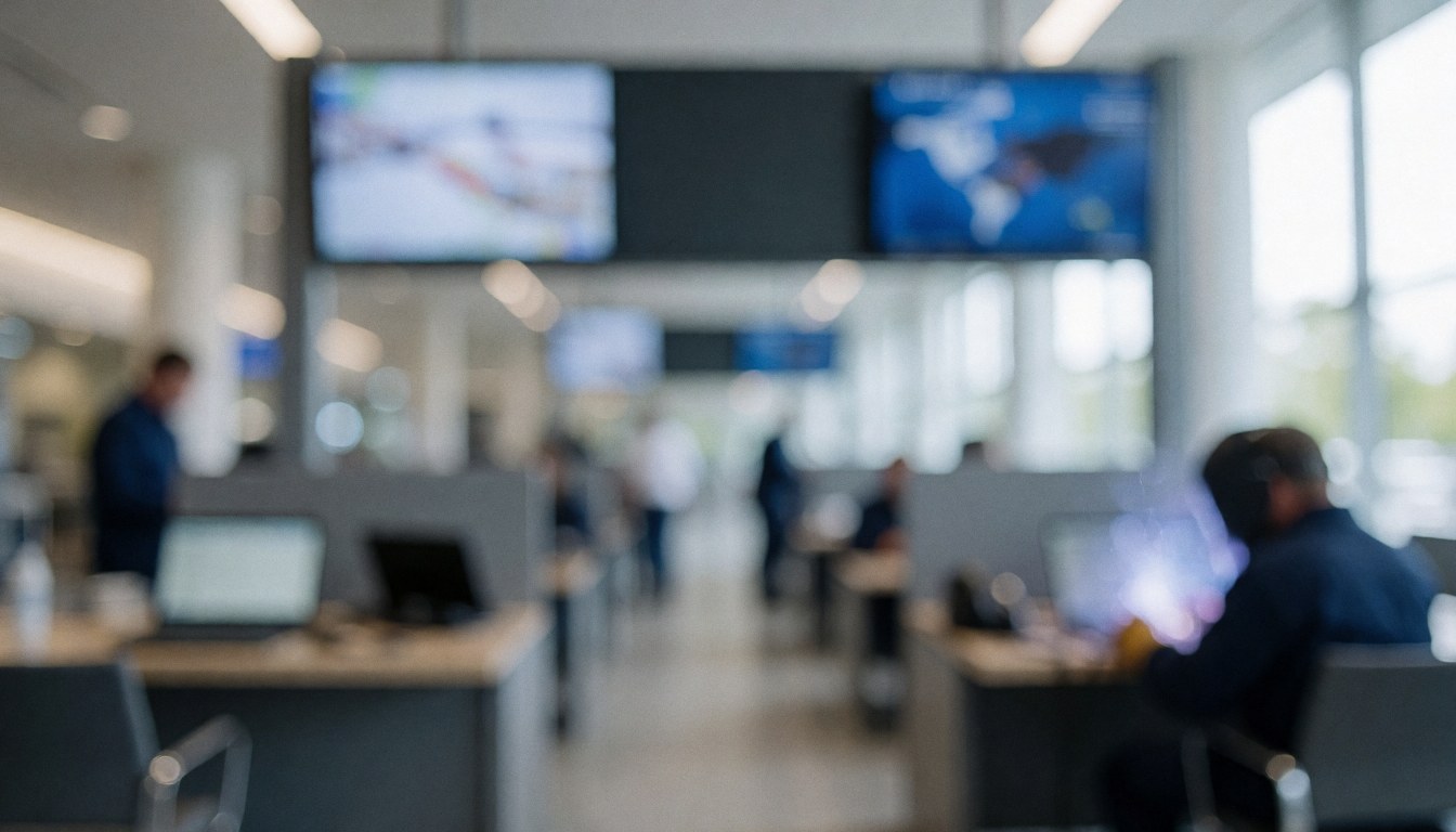 Modern office interior featuring digital displays, work desks, and natural lighting, suitable for professional service text overlays