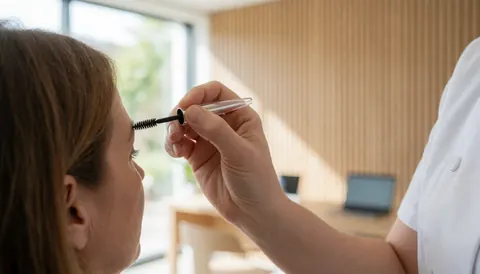 Close-up of a hand using a brush to apply gel to an eyebrow during a beauty treatment in a studio with natural light.