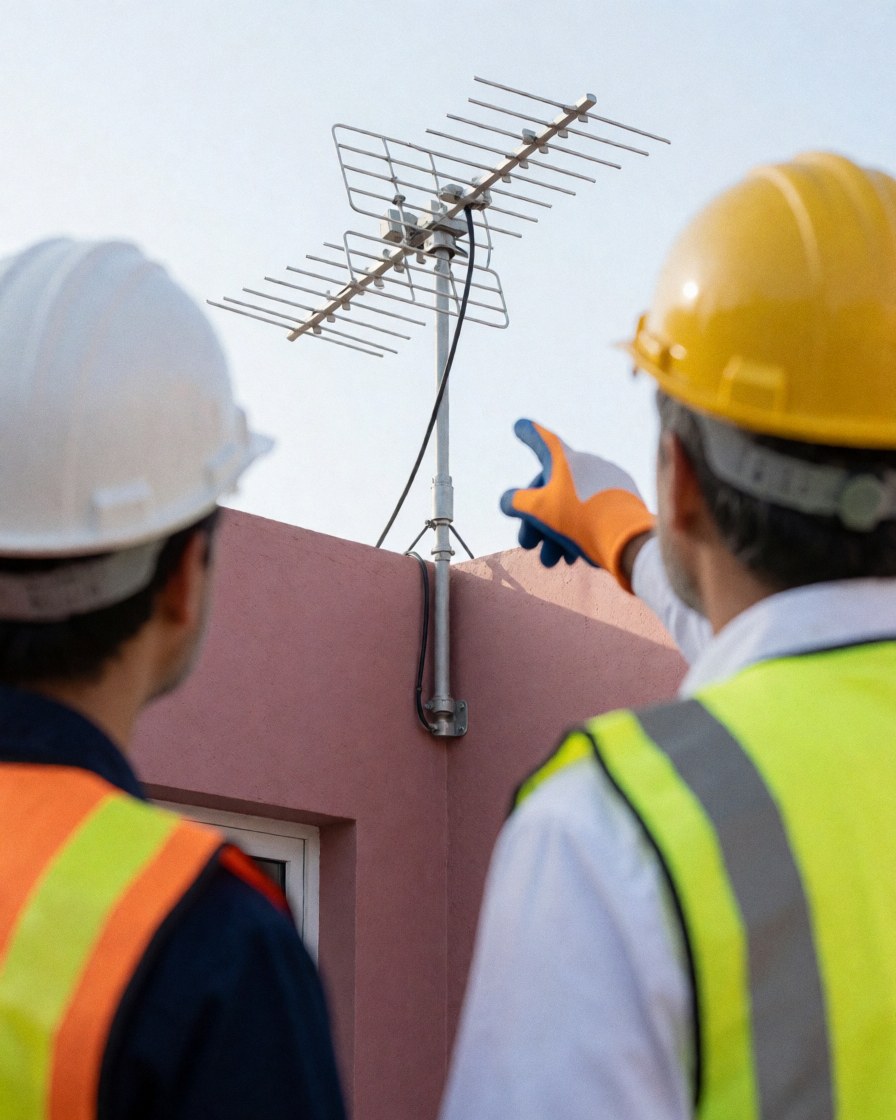 Two installers wearing helmets and vests signal a newly installed uhf antenna on a pink wall under a clear sky.