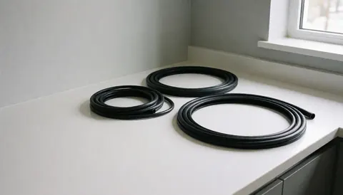 Three black dishwasher rubber seals resting on a clean white countertop with light gray walls and natural window light.