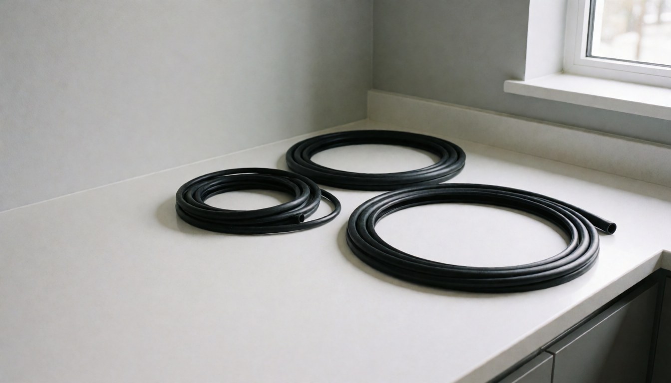 Three black dishwasher rubber seals resting on a clean white countertop with light gray walls and natural window light.