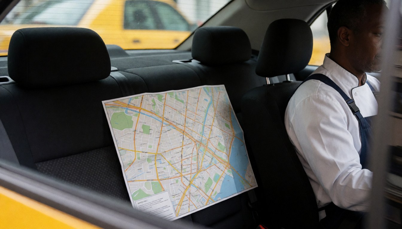 A city map placed on the back seat of a taxi, illustrating a realistic scene for taxi service operations.