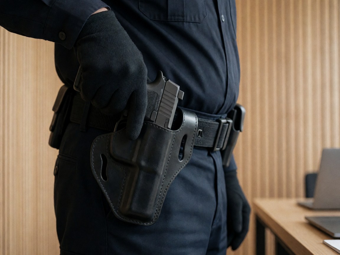Close-up of a gloved hand resting on a tactical pistol in a holster attached to a security uniform belt against a light wood wall.
