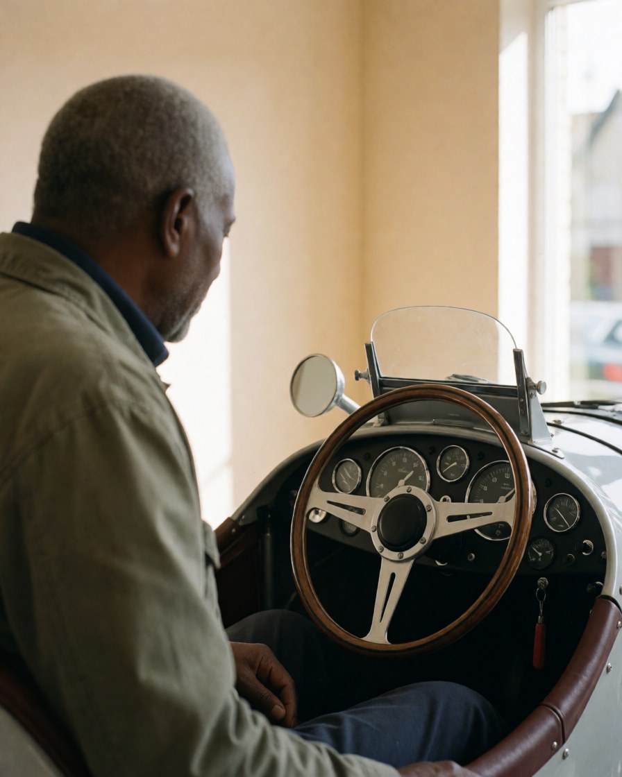 A customer examines the dashboard of a classic car featuring a wooden steering wheel and analog speedometer in a beige-walled workshop.