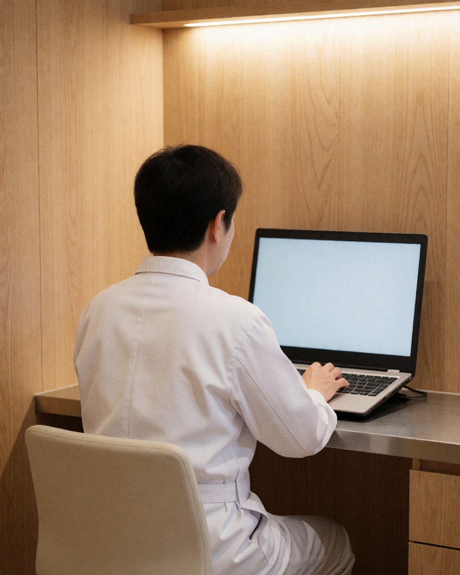 Back view of a professional in a white uniform working on a laptop in an office with light wood and soft lighting