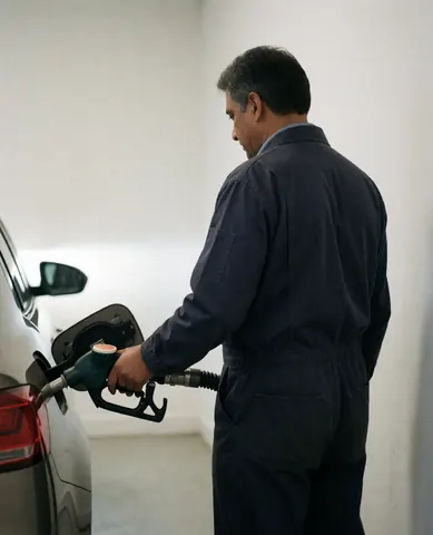 Mechanic in uniform refueling a vehicle at a service station, illustrating tow truck business operations.