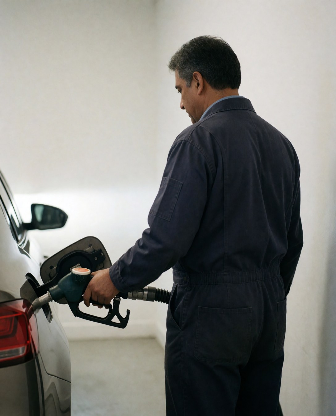 Mechanic in uniform refueling a vehicle at a service station, illustrating tow truck business operations.