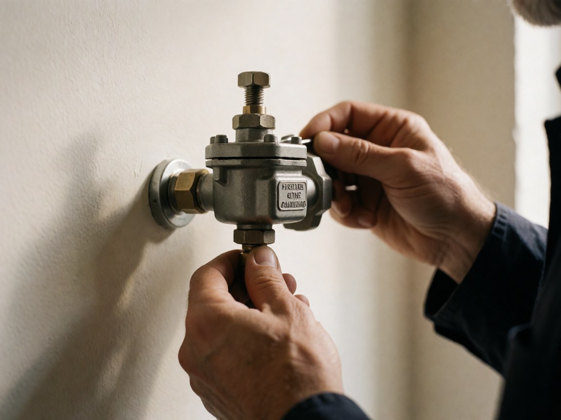 Close-up of hands using a tool to adjust a metal gas valve mounted on a painted wall, highlighting industrial precision and professional installation details.