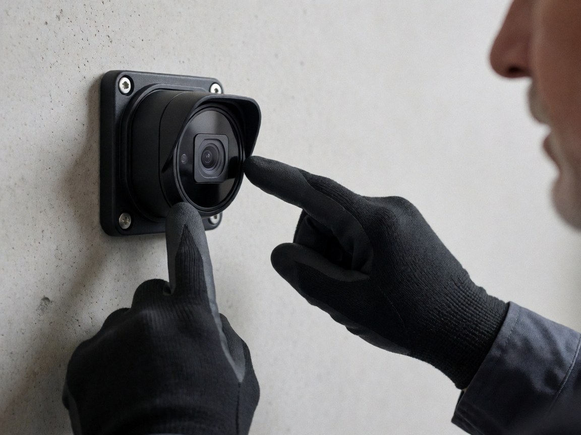 Close-up of a technician wearing gloves installing a security camera onto a concrete wall, focusing on the mounting details and hardware.