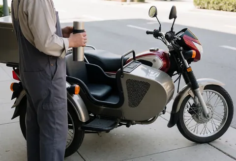 Motorcycle taxi driver standing beside parked sidecar holding a thermos on the sidewalk ready for service