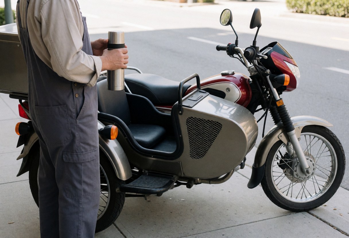 Motorcycle taxi driver standing beside parked sidecar holding a thermos on the sidewalk ready for service