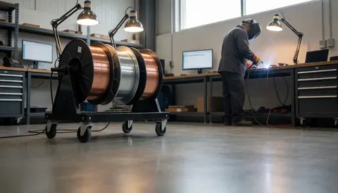 Professional welder wearing protective gear using an electric arc in an industrial workshop with polished concrete floor and wire reel cart