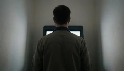 Back view of a traveler using a self-service kiosk in a modern terminal with white walls and soft lighting