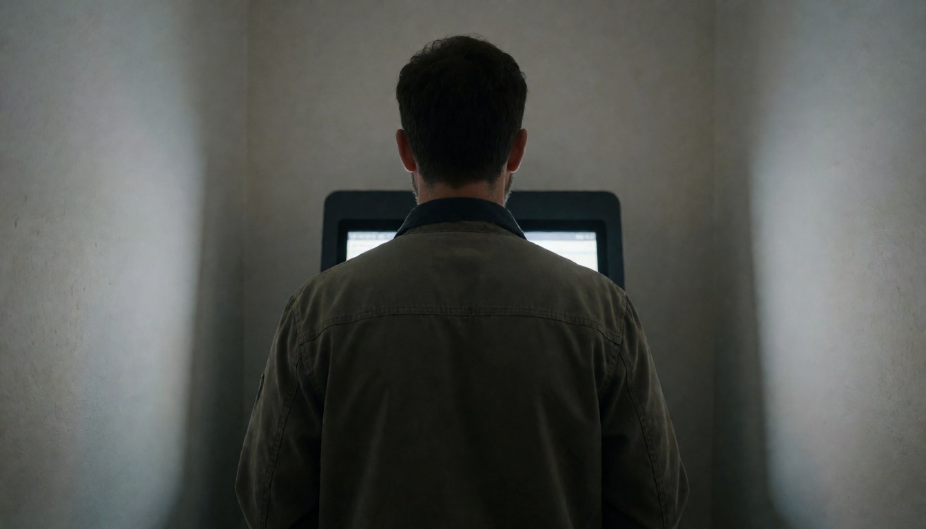 Back view of a traveler using a self-service kiosk in a modern terminal with white walls and soft lighting