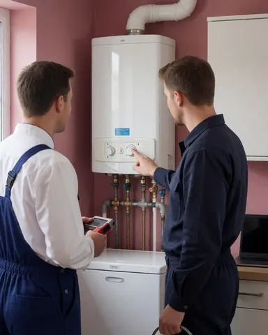 Plumber and client inspecting a newly installed water heater in a room with pink walls
