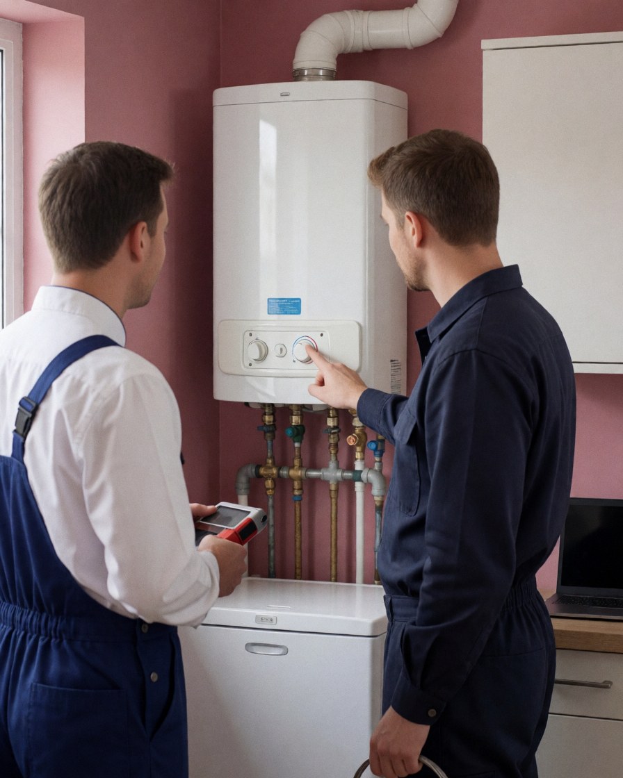 Plumber and client inspecting a newly installed water heater in a room with pink walls