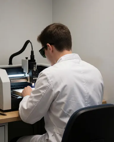 A watch repair technician operates a laser engraving machine in a workshop to precisely mark a timepiece.