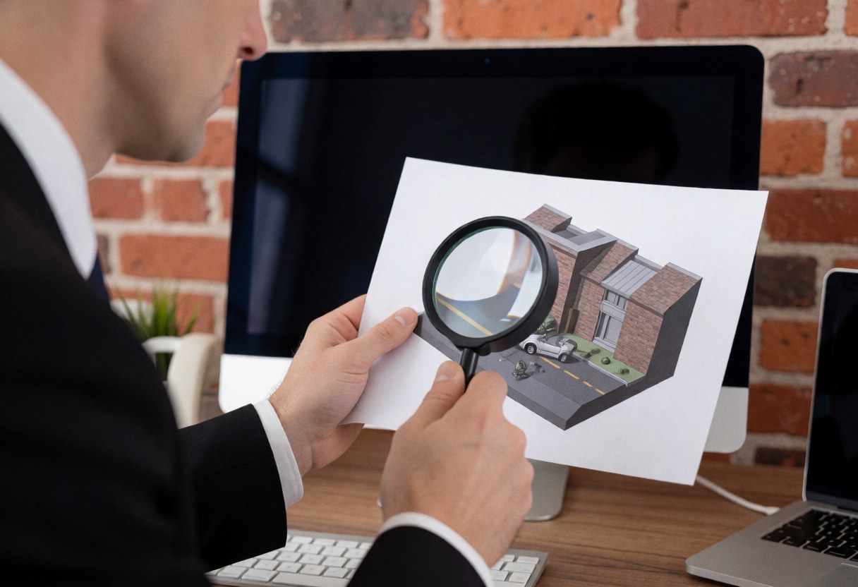 Professional man in suit inspects a 3d accident reconstruction model using a magnifying glass in a modern office setting