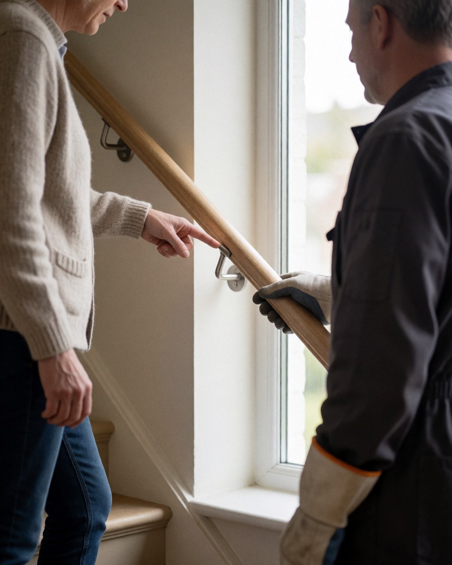 A client points at a newly installed railing while a worker in gloves checks a metal bracket on an indoor staircase.