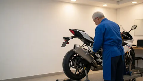Mechanic installs a new titanium exhaust system on a white sportbike in a workshop with warm lighting.