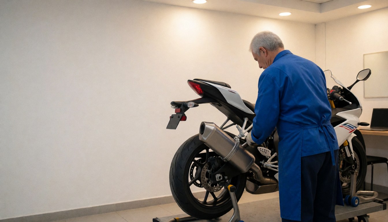 Mechanic installs a new titanium exhaust system on a white sportbike in a workshop with warm lighting.