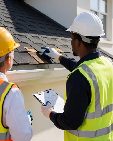Professional roofer in safety gear inspecting a damaged asphalt shingle roof with a clipboard while a client in a yellow hard hat stands nearby.