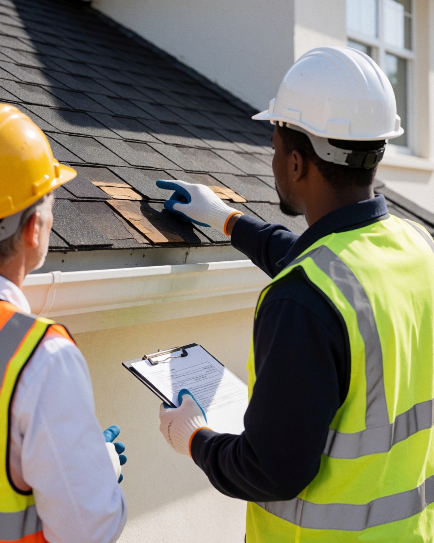 Professional roofer in safety gear inspecting a damaged asphalt shingle roof with a clipboard while a client in a yellow hard hat stands nearby.